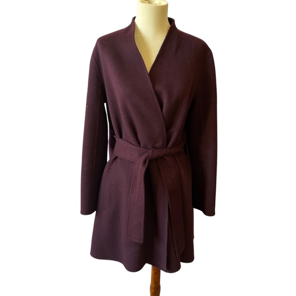 TSE 100% CASHMERE COAT SINGLE HOOK EYE CLOSURE WAIST BELT POCKETS BURGUNDY 4 - Picture 2 of 10